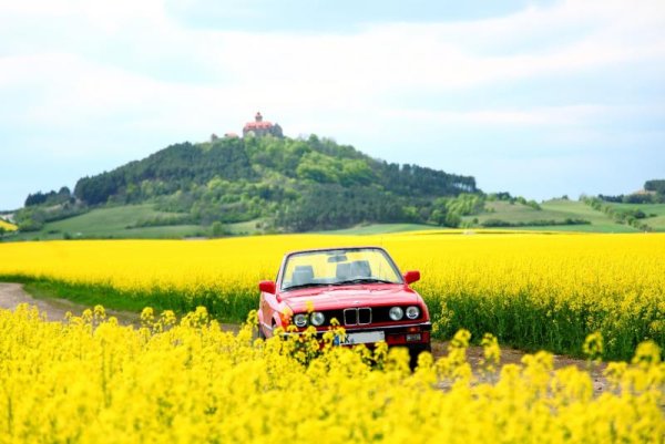 E30 320i Cabrio vor Wachsenburg, Thüringen