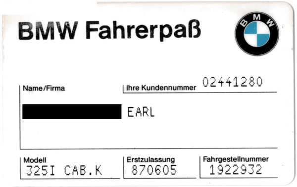 BMW Paß - damals, 1987 - bei Auslieferung an Neuwagenkäufer